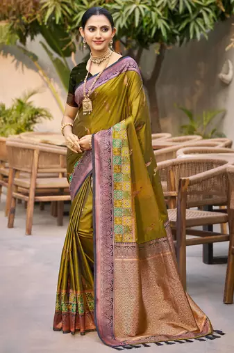 olive green soft silk woven work traditional saree