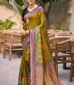 olive green soft silk woven work traditional saree