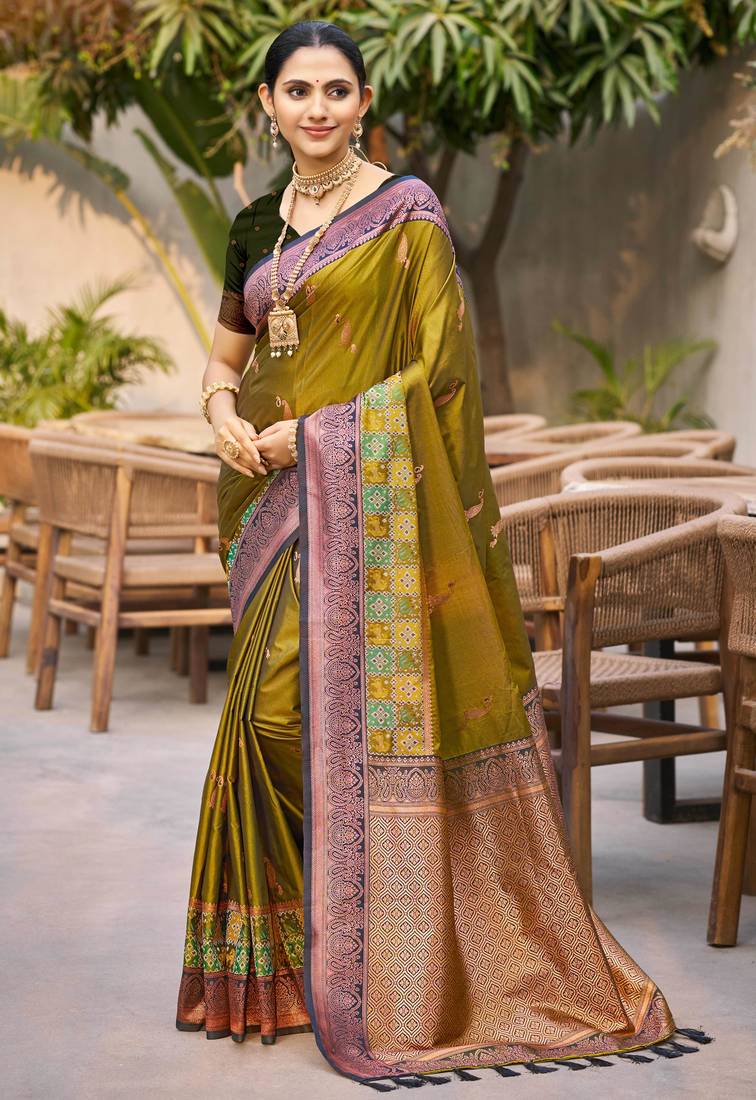 olive green soft silk woven work traditional saree