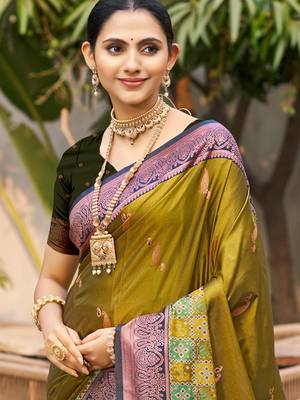 olive green soft silk woven work traditional saree 2