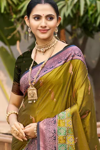 olive green soft silk woven work traditional saree