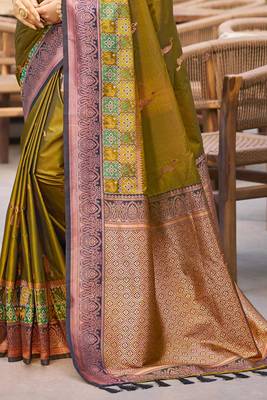 olive green soft silk woven work traditional saree 3
