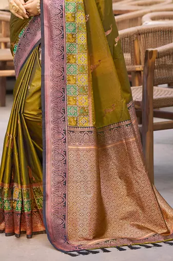 olive green soft silk woven work traditional saree