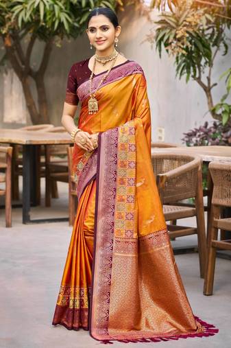 mustard orange soft silk woven work traditional saree