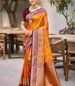 mustard orange soft silk woven work traditional saree