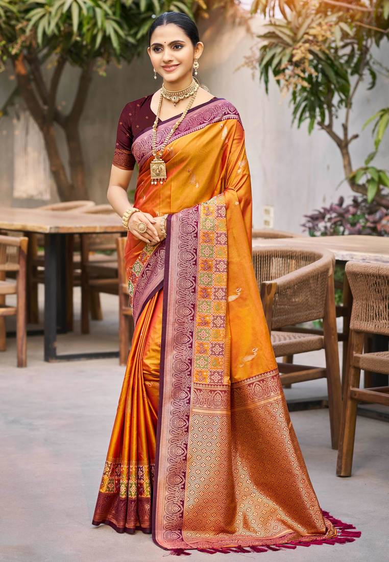 mustard orange soft silk woven work traditional saree