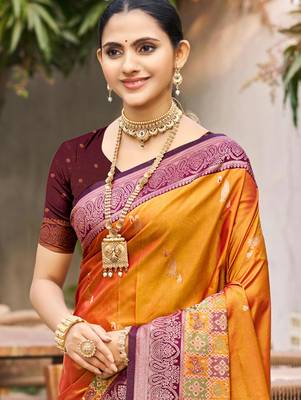 mustard orange soft silk woven work traditional saree 2