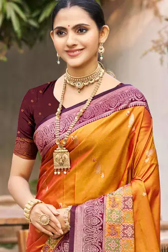 mustard orange soft silk woven work traditional saree