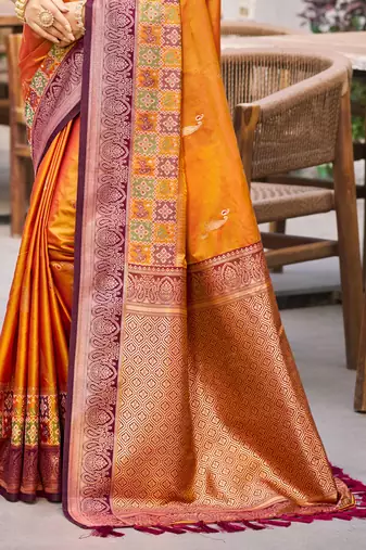 mustard orange soft silk woven work traditional saree