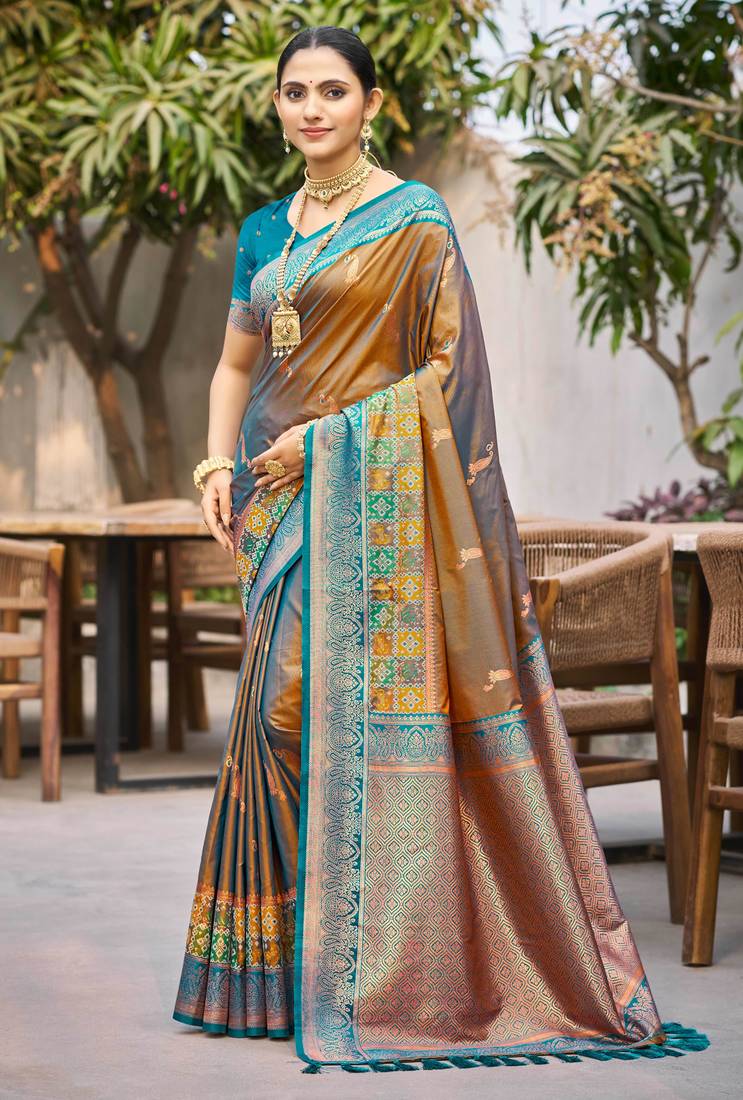 copper brown soft silk woven work traditional saree