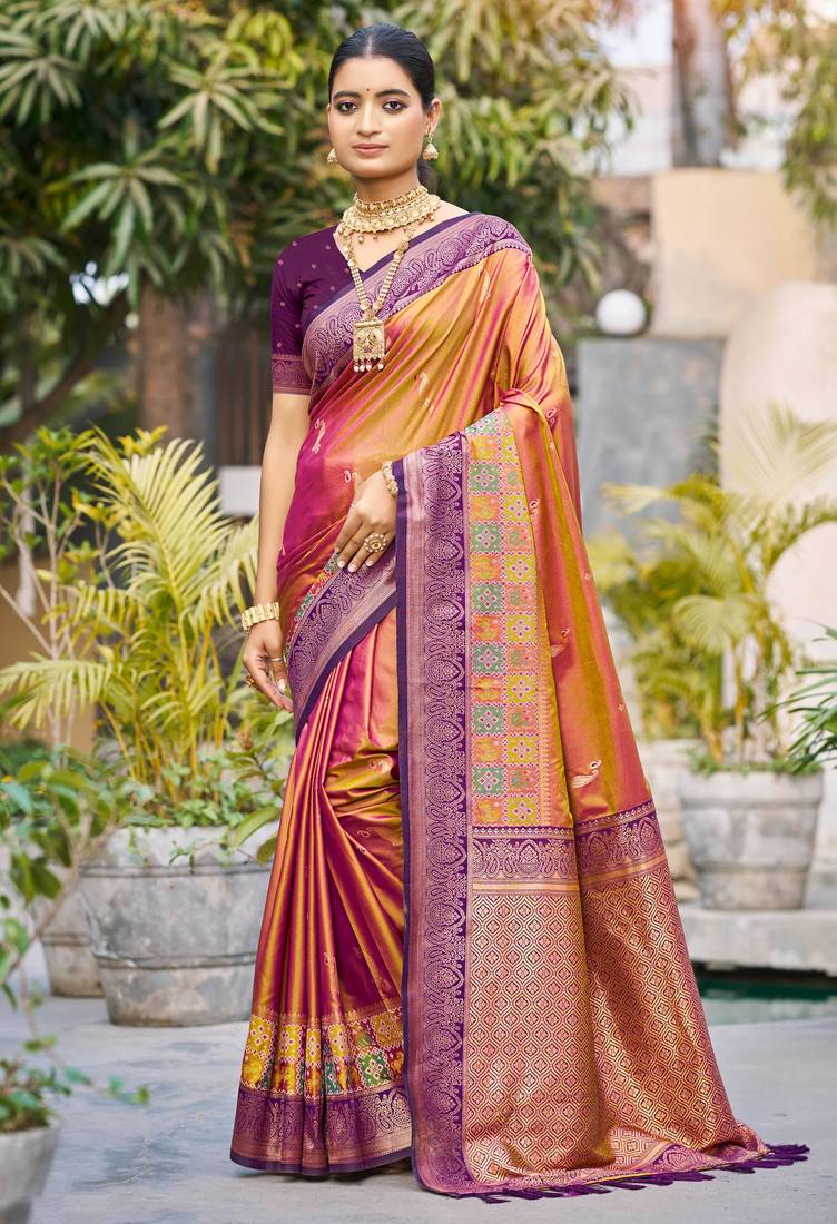 magenta pink soft silk woven work traditional saree