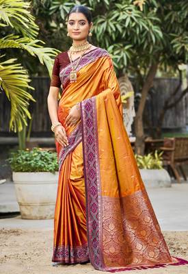 rust orange soft silk woven work traditional saree 1