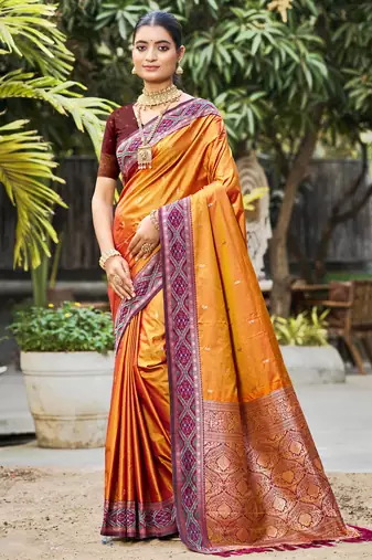 rust orange soft silk woven work traditional saree