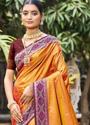 rust orange soft silk woven work traditional saree 2