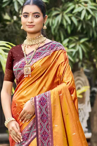 rust orange soft silk woven work traditional saree