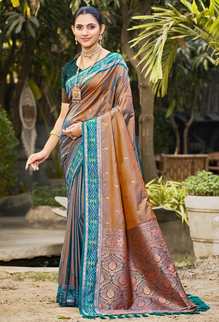 copper brown soft silk woven work traditional saree