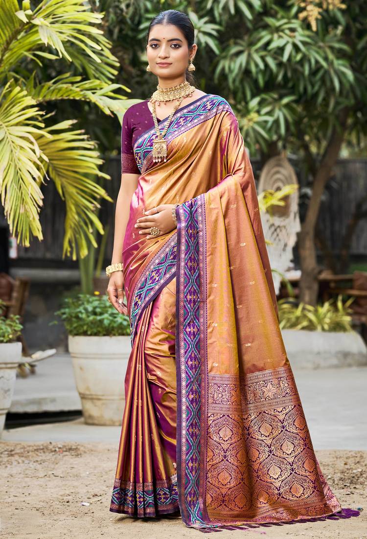 copper gold soft silk woven work traditional saree