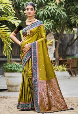 olive green soft silk woven work traditional saree 1
