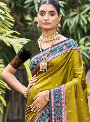 olive green soft silk woven work traditional saree 2