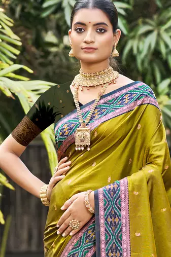 olive green soft silk woven work traditional saree