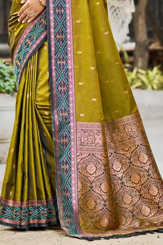 olive green soft silk woven work traditional saree