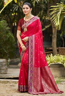 ruby pink soft silk woven work traditional saree 1