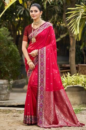 ruby pink soft silk woven work traditional saree