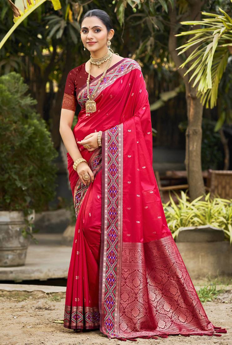 ruby pink soft silk woven work traditional saree