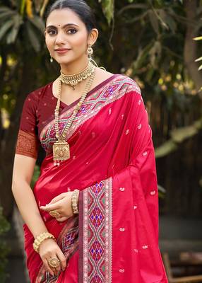 ruby pink soft silk woven work traditional saree 2