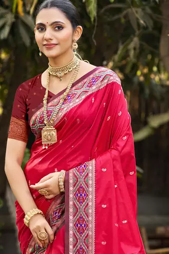 ruby pink soft silk woven work traditional saree