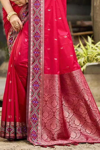 ruby pink soft silk woven work traditional saree