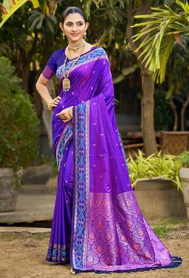 violet soft silk woven work traditional sari 1