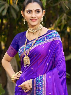 violet soft silk woven work traditional sari 2