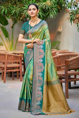 parrot green soft silk woven work traditional saree 1