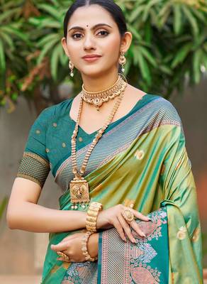 parrot green soft silk woven work traditional saree 2