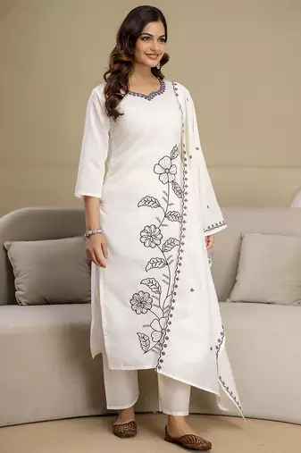 White Chanderi Cotton Embroidery Work Kurta Pant with Dupatta Set 