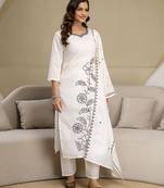 White Chanderi Cotton Embroidery Work Kurta Pant with Dupatta Set 