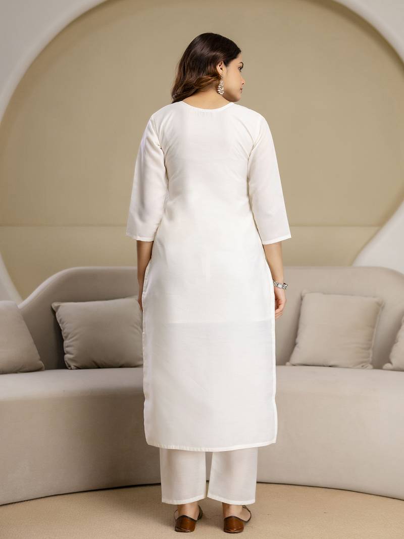 White Chanderi Cotton Embroidery Work Kurta Pant with Dupatta Set 