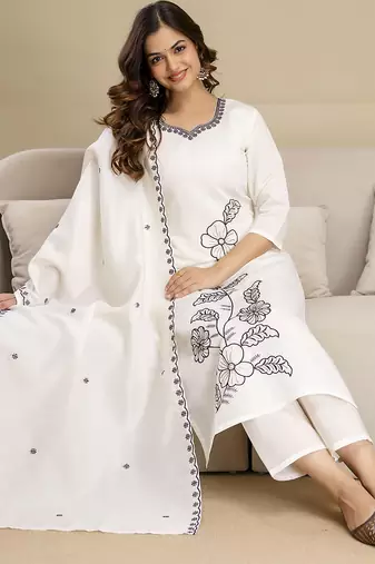 White Chanderi Cotton Embroidery Work Kurta Pant with Dupatta Set 