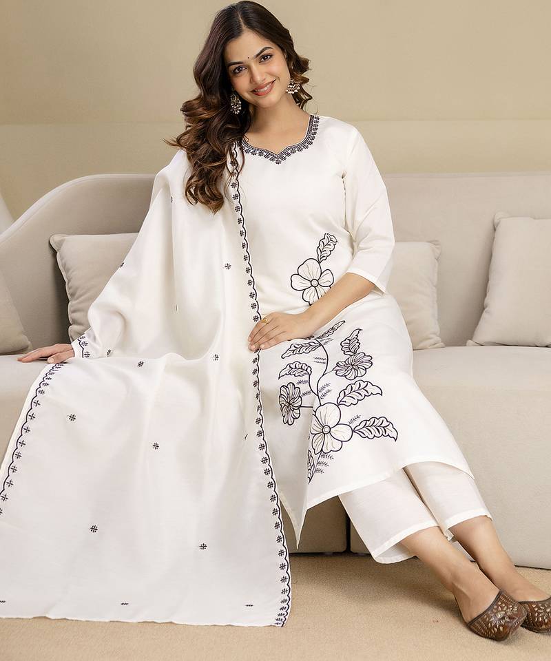 White Chanderi Cotton Embroidery Work Kurta Pant with Dupatta Set 