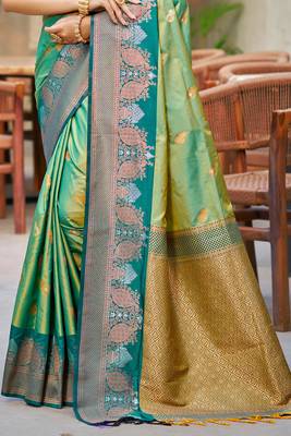 parrot green soft silk woven work traditional saree 3