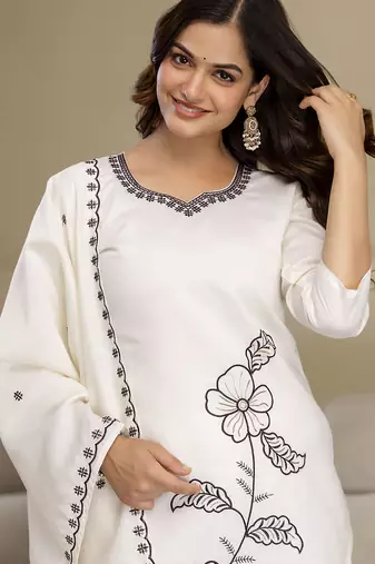 White Chanderi Cotton Embroidery Work Kurta Pant with Dupatta Set 