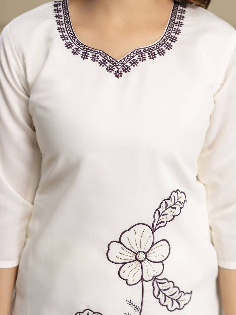 White Chanderi Cotton Embroidery Work Kurta Pant with Dupatta Set 