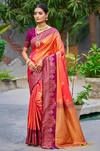 coral orange soft silk woven work traditional saree