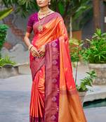 coral orange soft silk woven work traditional saree