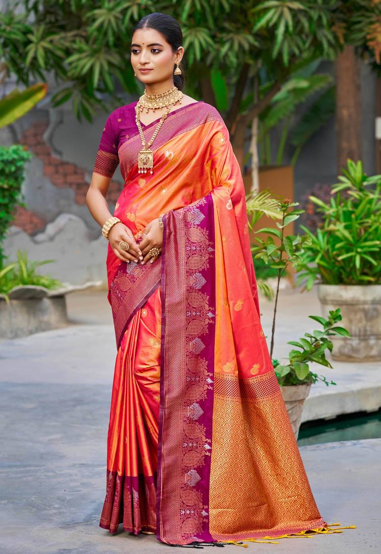 coral orange soft silk woven work traditional saree