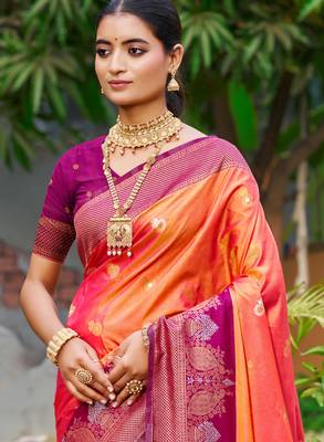 coral orange soft silk woven work traditional saree 2