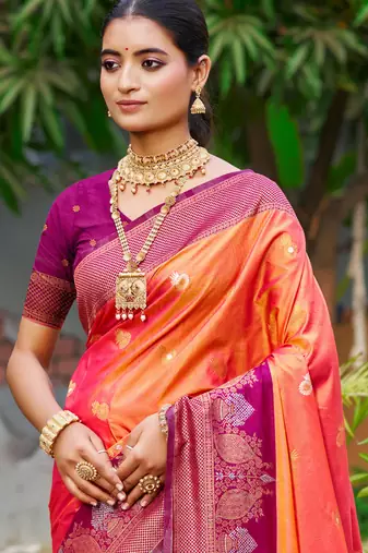 coral orange soft silk woven work traditional saree