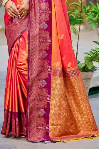 coral orange soft silk woven work traditional saree
