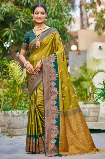 olive green soft silk woven work traditional saree